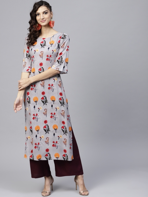 

GERUA Women Grey & Red Printed Straight Kurta