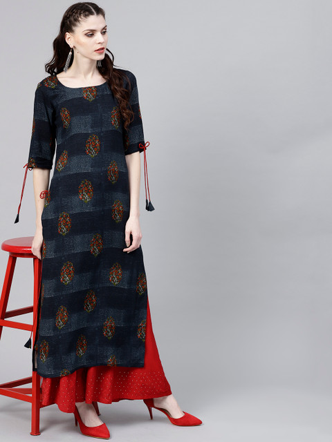 

GERUA Women Navy Printed Straight Kurta, Navy blue