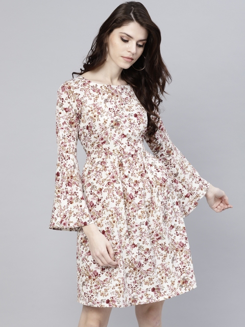 

GERUA Women Off-White & Burgundy Printed Fit and Flare Dress