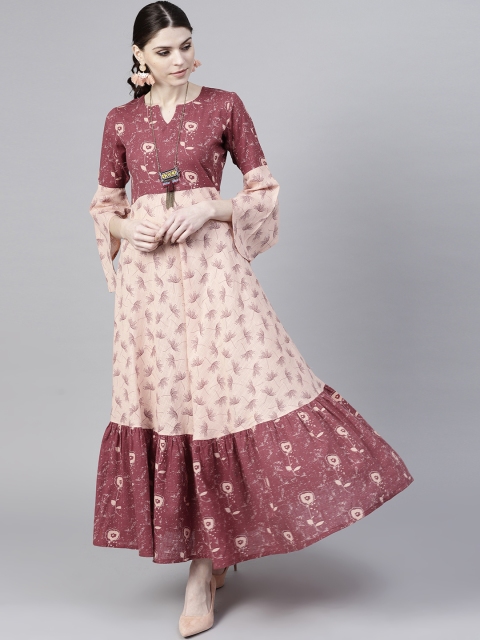 

GERUA Women Peach-Coloured & Burgundy Printed Maxi Dress
