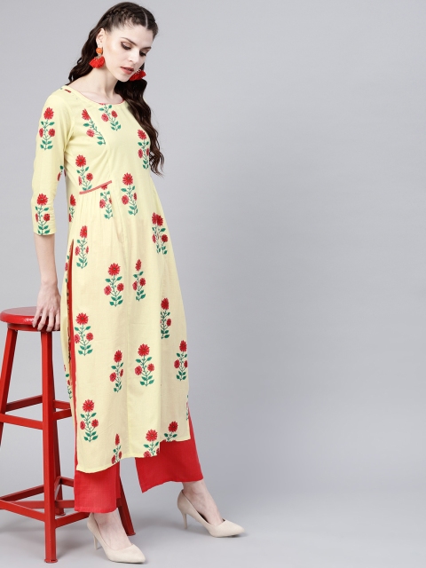 

GERUA Women Yellow & Coral Orange Printed Kurta with Palazzos