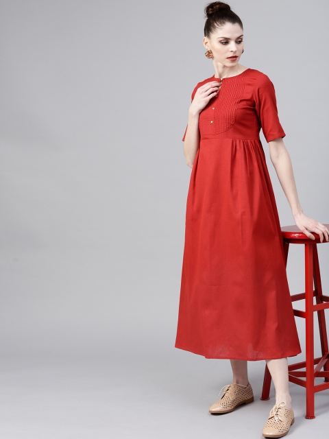 

GERUA Women Rust Red Solid Midi Empire Dress