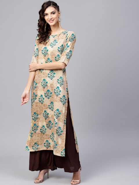 

GERUA Women Beige & Teal Green Printed Straight Kurta