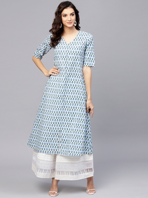 

GERUA Women White & Blue Printed A-Line Kurta