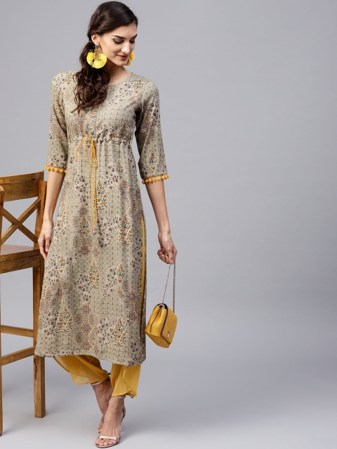 

GERUA Women Olive Green & Mustard Yellow Printed Straight Kurta