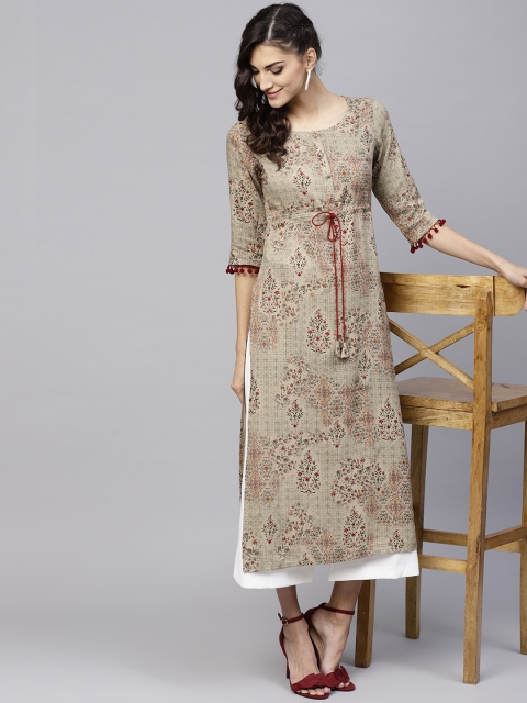 

GERUA Women Olive Green & Maroon Printed Straight Kurta