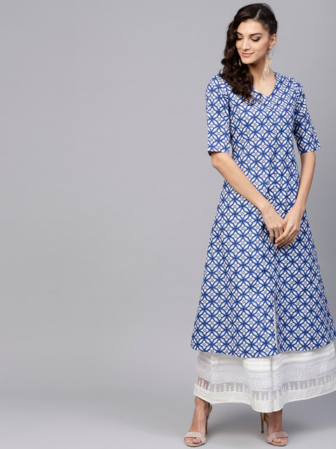 

GERUA Women Blue & White Printed A-Line Kurta