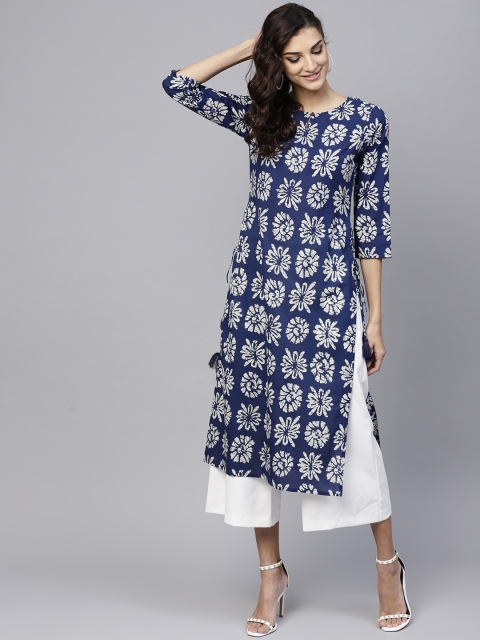 

GERUA Women Navy Blue & White Printed Straight Kurta