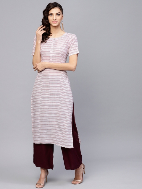 

GERUA Women White & Maroon Striped Straight Kurta