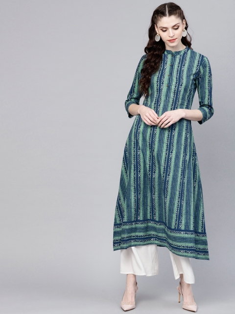 

GERUA Women Blue & Green Striped A-Line Kurta