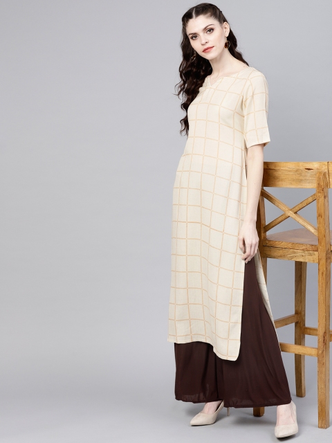 

GERUA Women Off-White Checked Straight Kurta