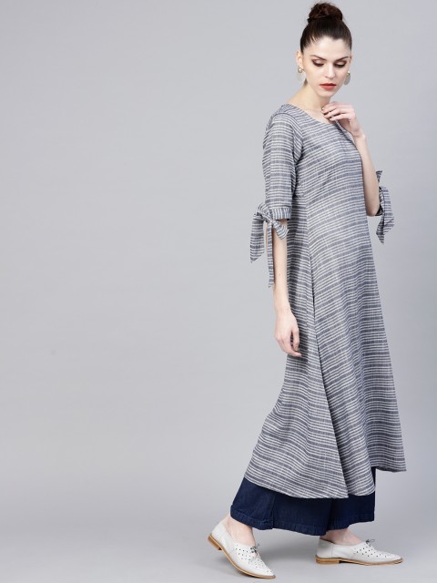 

GERUA Women Grey & White Striped A-Line Kurta