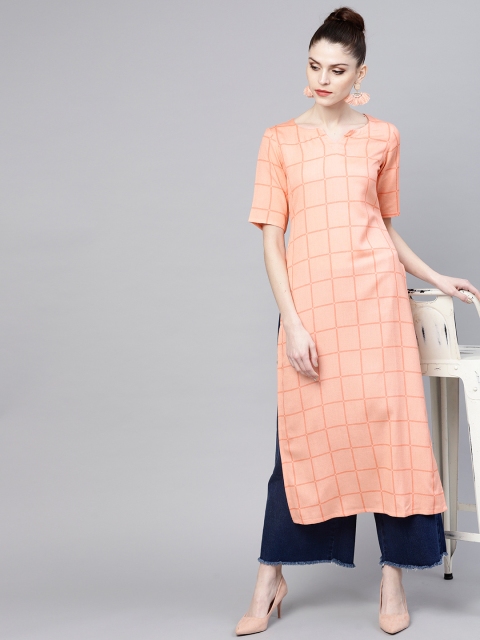 

GERUA Women Peach-Coloured Checked Straight Kurta