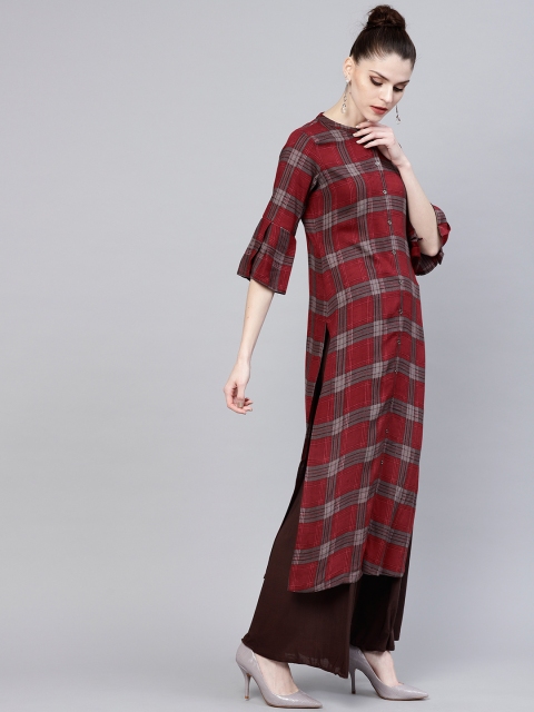 

GERUA Women Maroon & Grey Checked Straight Kurta
