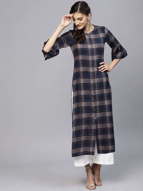 

GERUA Women Navy & Grey Checked Straight Kurta, Navy blue
