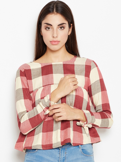 

Oxolloxo Women Maroon and White Checked Peplum Top