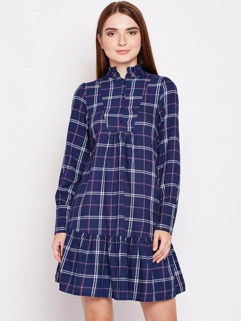 

Oxolloxo Women Blue Checked A-line Dress, Navy blue