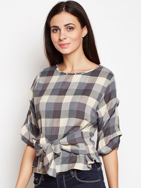 

Oxolloxo Women Grey and Off-White Checked Cinched Waist Top
