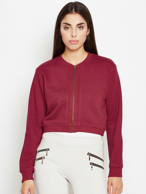 

Oxolloxo Women Maroon Solid Cropped Bomber