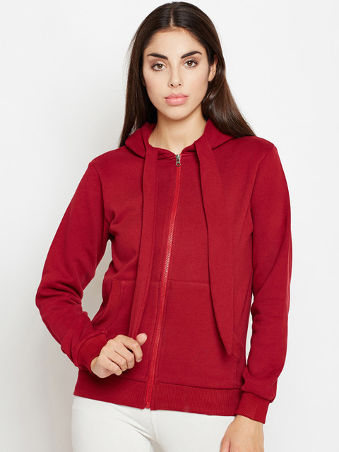 

Oxolloxo Women Maroon Solid Hooded Bomber