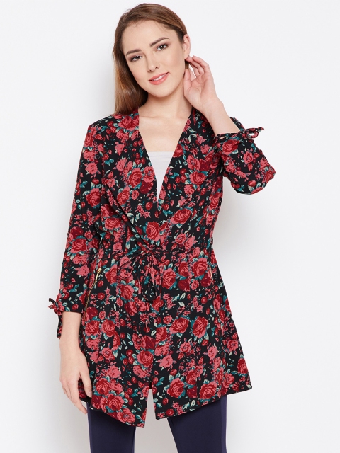 

Oxolloxo Women Black & Red Printed Duster Jacket