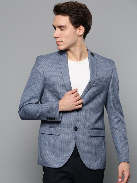 

Blackberrys Men Blue & Grey Checked Slim Fit Single-breasted Blazer