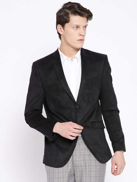 

Blackberrys Men Black Solid Slim Fit Velvet Finish Single-Breasted Casual Blazer