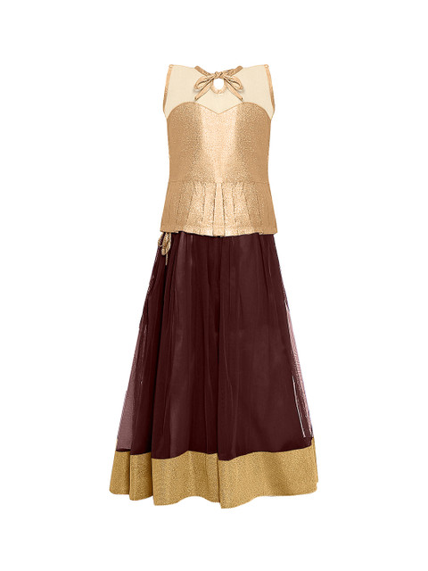 

Girls Gold & Brown Solid Pattu Pavadai with Dupatta
