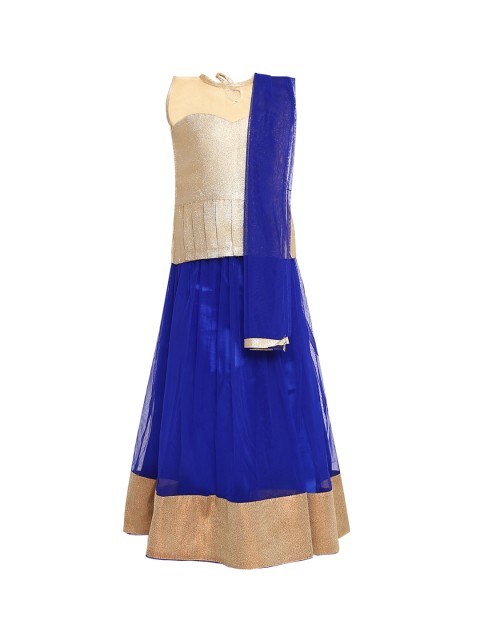 

Aarika Girls Blue & Gold-Coloured Solid Ready to Wear Lehenga & Blouse with Dupatta