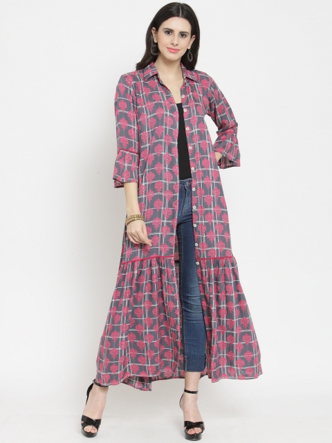 

Indibelle Women Pink & Grey Printed Open Front Longline Shrug