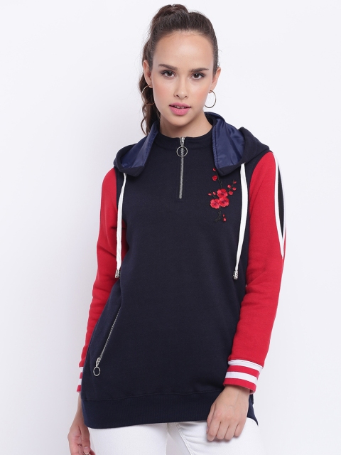 

Texco Navy and Red Embroidered Detachable Hooded Women Sweatshirt, Navy blue