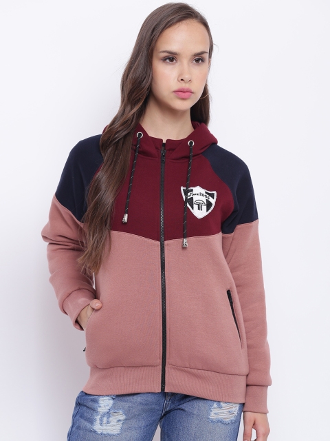 

Texco Women Maroon & Pink Colourblocked Hooded Sweatshirt