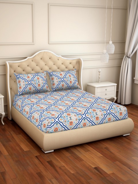 

CORE Designed by SPACES Blue Ethnic Motifs 104 TC Cotton 1 Queen Bedsheet with 2 Pillow Covers