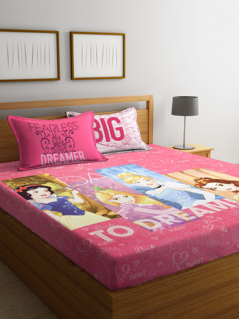 

SPACES Pink Cartoon Characters Flat 180 TC Cotton 1 Queen Bedsheet with 2 Pillow Covers