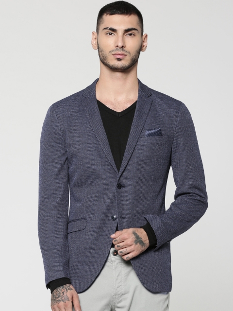 

Jack & Jones Navy Blue Self-Design Slim Fit Single Breasted Smart Casual Blazer