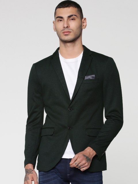 

Jack & Jones Olive Green Self-Design Slim Fit Single Breasted Smart Casual Blazer