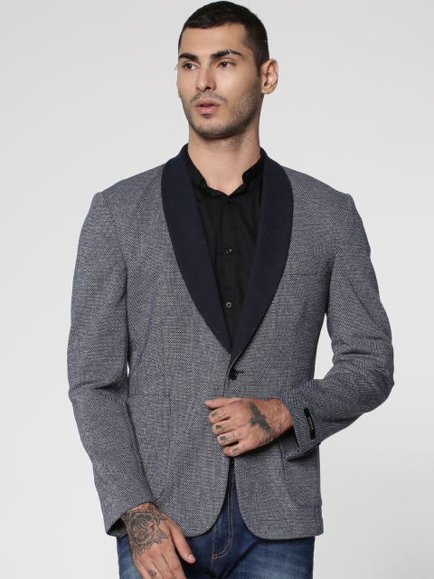 

Jack & Jones Men Navy Blue & White Self-Designed Single-Breasted Smart Casual Blazer