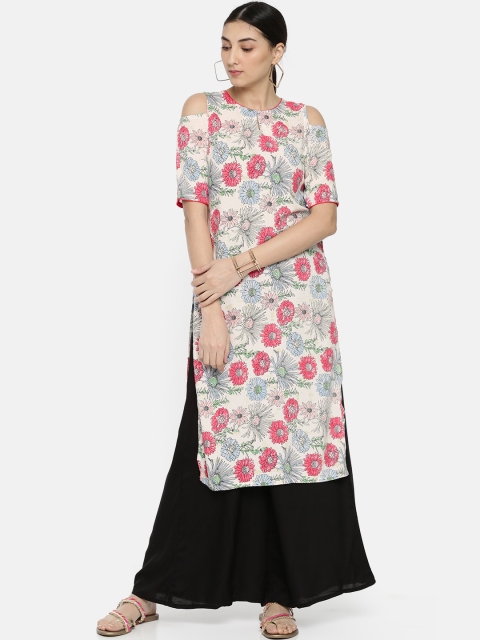 

Colour Me by Melange Women White & Pink Printed Straight Kurta