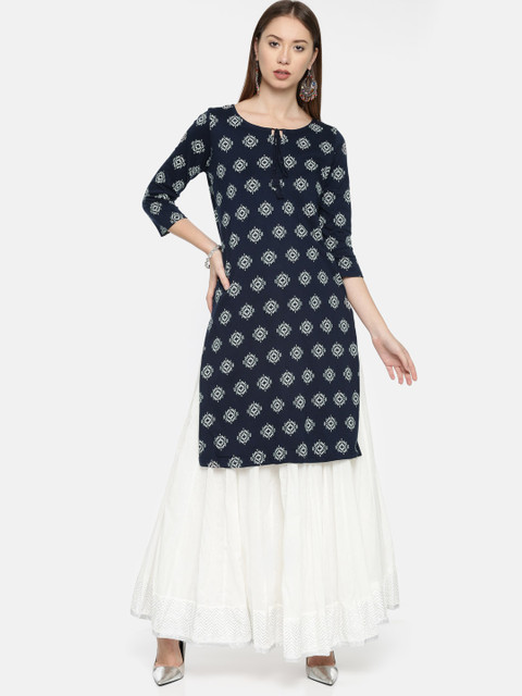 

Melange by Lifestyle Women Navy & White Printed Straight Kurta, Navy blue