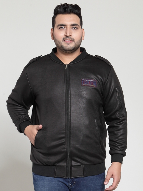 

plusS Men Black Textured Bomber Jacket
