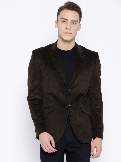 

Blackberrys Men Olive Brown Corduroy Slim Fit Single-Breasted Blazers