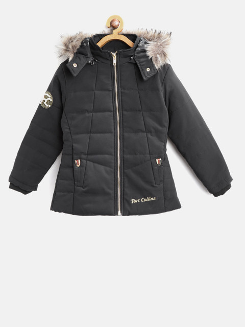 

Fort Collins Girls Black Solid Parka Jacket with Detachable Hood