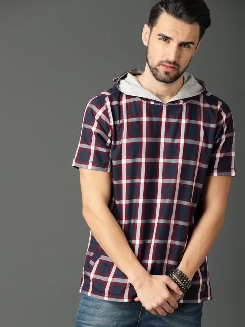 

Roadster Men Navy Blue Checked Hooded Pure Cotton T-shirt