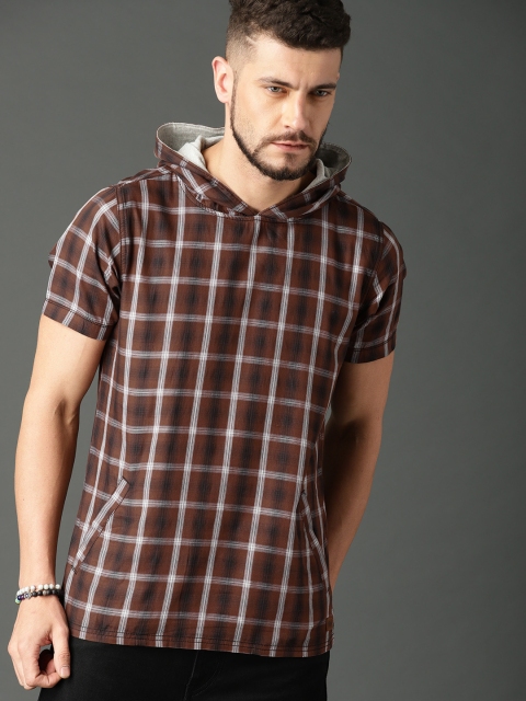 

Roadster Men Brown Checked Hooded Pure Cotton T-shirt