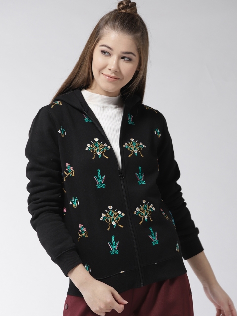 

Madame Women Black Embroidered Hooded Sweatshirt