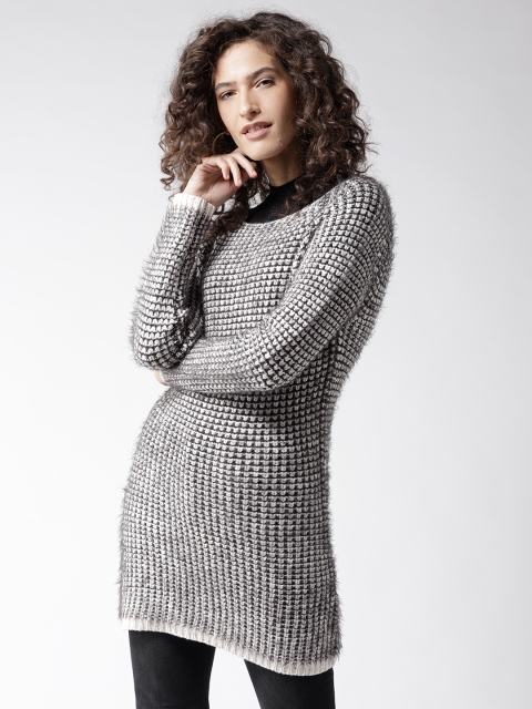 

Madame Women White & Black Self Design Longline Pullover