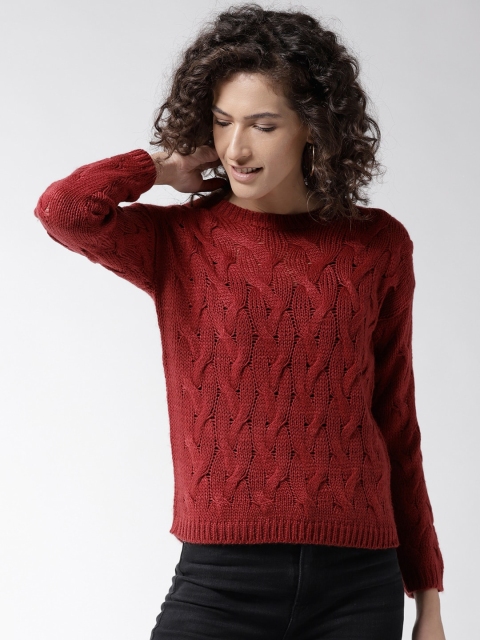 

Madame Women Wine-Coloured Cable-Knitted Pullover, Maroon