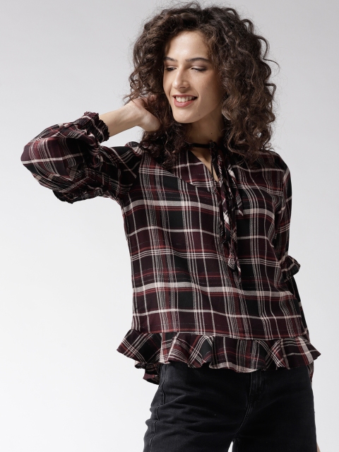 

Madame Women Brown & Black Checked Regular Pure Cotton Top
