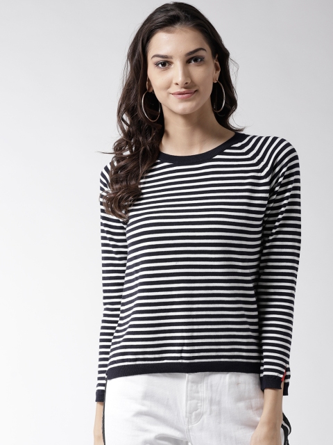 

Madame Women Navy Blue & White Striped Pullover