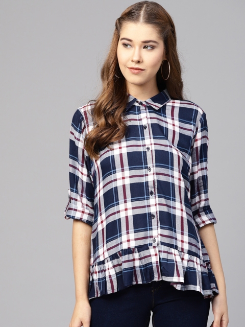 

Juniper Women Navy Blue & White Regular Fit Checked Casual Shirt